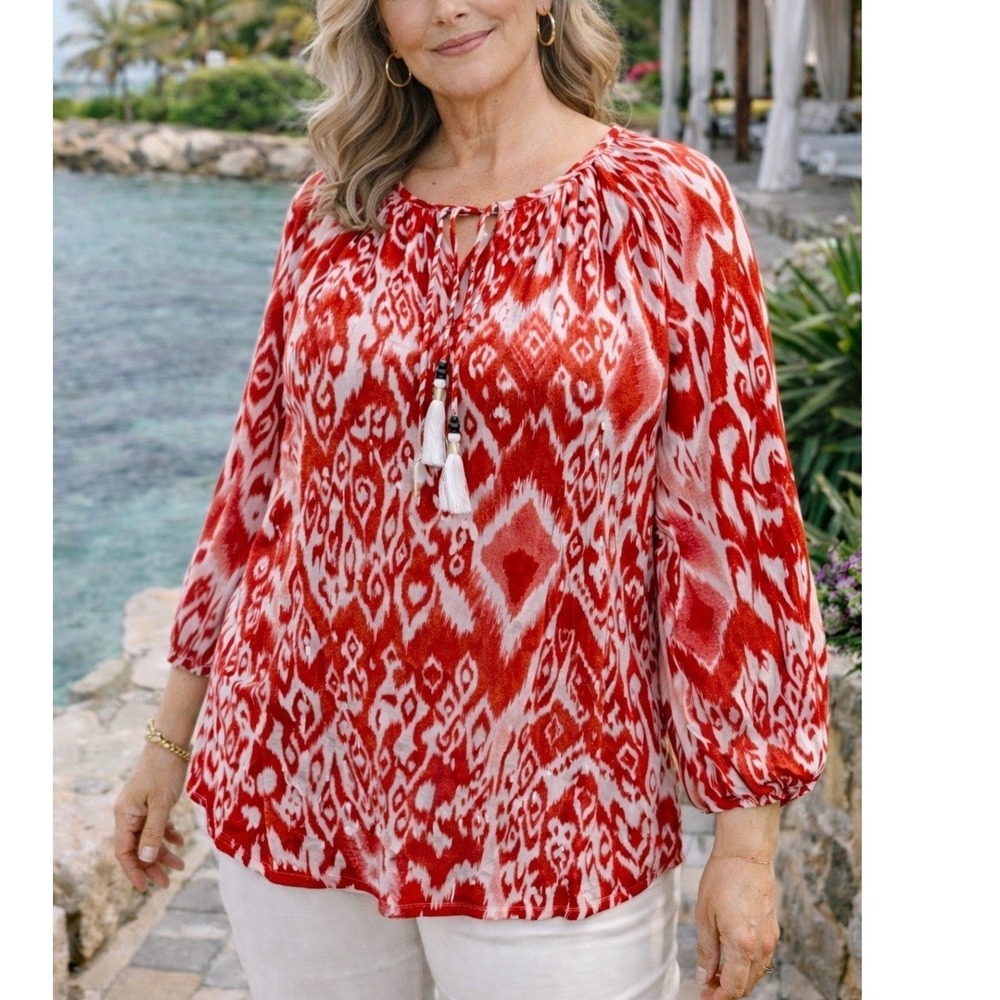 Chico's Womens Blouse Red Size 2 Large Tassel Tie Modal Long Sleeve Top Summer‎